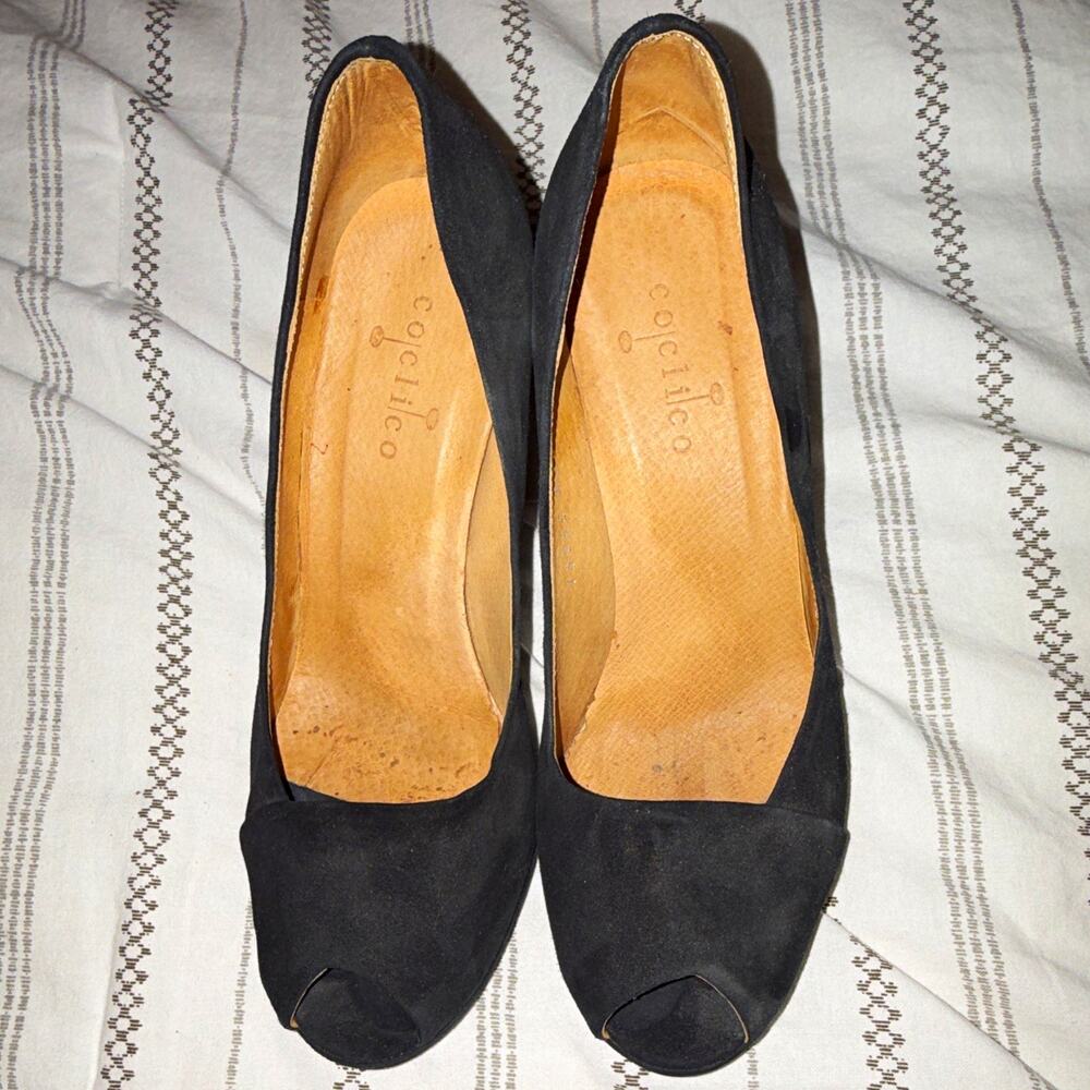 Coclico Black Suede Peep Toe Platform Pumps Block Heel Slip On US 7.5 EU 37.5